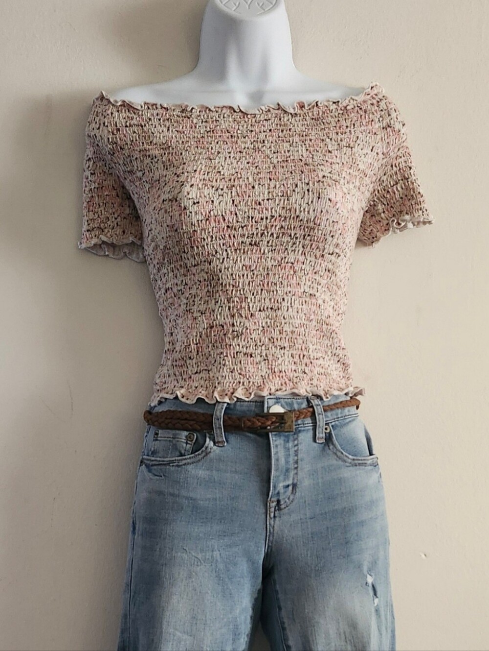 H&M Floral Shirred Off-the-Shoulder Top Size XL Color: Pink/Cream